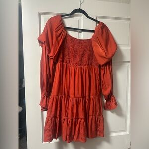 Red Smocked Puff Sleeve Dress